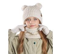 Maeau Enfant Echarpe Ensemble Laine Tricotée Fille Set Cache Cou Hiver Chaude Garcon Bonnet Écharpe et Gants Tricoté Doublé Polaire Enfants Tour de Cou en Tricot D'Hiver Gant Chaud avec Doublure Beige