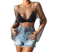 Maeau Femme Haut Résille Brillant Mesh Strass Filet Haut Paillettes Réseau Hollow Out Crop Top Cristal Etincelant Tanktop Transparent Club Wear S