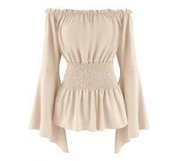 Maeau Femmes Hauts Moyen-âge Tops Vintage Sans Manches Blouse à Volants Manches Trompette Haut Gothique Oberteil S-XXL, beige, L