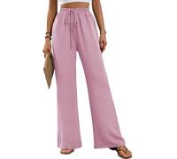 Maeau - Femmes Lin Palazzo Pantalon d'Été Casual Ample Taille Haute Large Jambe Long Pantalon de Salon Pantalon avec Poche L Rose