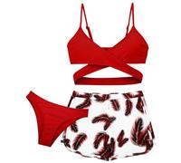 Maeau - Fille Maillot de Bain 3 Pièces Bikini Haut+Bikini Short+Short de Bain Été Set de Plage Hawaïen Piscines - Rouge - 8-9 Ans