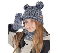 Maeau Fille Tour de Cou Ensemble D'Hiver pour Garcon Gant Hiver avec Doublure Enfants Echarpe Tricoté Ski Enfant Set Cache Cou en Tricot 3 Trois Pièces Bonnet Écharpe et Gants Chaud Pompon Noir