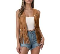 Maeau - Gilet Femme Sans Manches Faux Daim avec Franges Décontracté Veste Sans Boutons Style Cow-boy XXL Marron