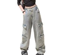 Maeau Jeans Cargo Fille 13-14 Ans Pantalon Denim Jambe Large Taille Élastique Haute Ado Baggy Bootcut Bleu Printemps 170