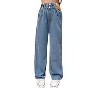 Maeau Jeans Fille 10-11 Ans Denim Jambe Large Taille Élastique Haute Ado Pantalon Droit Ample Baggy Evasé Bootcut Bleu Printemps