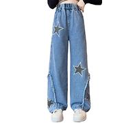 Maeau Jeans Fille 10-11 Ans Jambe Large Taille Élastique Haute Ado Pantalon Droit Ample Baggy Évasé Bootcut Bleu Printemps