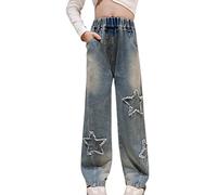 Maeau Jeans Fille 11-12 Ans Jambe Large Denim Taille Élastique Haute Ado Pantalon Droit Ample Baggy Évasé Bootcut Bleu Printemps