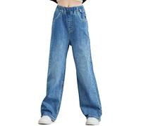 Maeau Jeans Fille 5-6 Ans Jambe Large Denim Taille Élastique Haute Ado Pantalon Droit Ample Baggy Évasé Bootcut Bleu Printemps