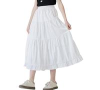 Maeau Jupe Boheme Mi Longue pour Fille 7 8 Ans Jupes Décontractée Midi Jupe Fluide Maxi Robe Longues Taille Haute Elastique Skort Été À Volant Jupon Casual Longueur Robes Basique Plissée Blanc