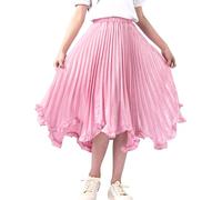Maeau Jupe Plissée Mi Longue Enfant Fille 11 12 Ans Midi Jupe Mousseline de Soie Taille Elastique Haute Brillante Jupes Fluide A Line Robe Trapèze Ecoliere École Lumineuse Patineuse Danse Été Rose