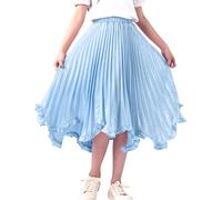 Maeau Jupe Plissée Mi Longue Enfant Fille 11 12 Ans Midi Jupe Mousseline de Soie Taille Elastique Haute Brillante Jupes Fluide A Line Robe Trapèze Ecoliere École Lumineuse Patineuse Été Bleu Clair