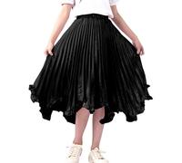 Maeau Jupe Plissée Mi Longue Enfant Fille 9 10 Ans Midi Jupe Mousseline de Soie Taille Elastique Haute Brillante Jupes Fluide A Line Robe Trapèze Ecoliere École Lumineuse Patineuse Danse Fête Été Noir
