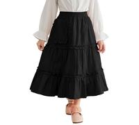 Maeau Jupe Trapeze Mi Longue Fille 11 12 Ans Jupes Évasée Midi Jupe Elegant Maxi Robe Coton Taille Haute Elastique Skort Décontractée À Volant Jupon Fluide Longueur Robes Longues Plissée Noir