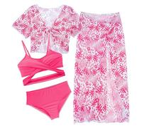 Maeau - Maillot de Bain Bikini 4 Pièces pour Filles Imprimé Tropical Protection UV Cover up Top Manche Courte et Mi-Long Jupe Natation Tankini Été Plage 12 Ans Rose