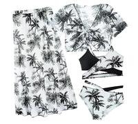 Maeau Maillot de Bain Enfant Fille 4 Pièces Bikini Maillots de Bain Manche Courte avec Jupe Longue 10 11 12 Ans Costume de Bain Imprimé Couvert Ensemble de Natation Tenue de Plage Piscine Tankini Noir