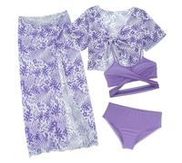 Maeau Maillot de Bain Enfant Fille 4 Pièces Bikini Maillots de Bain Manche Courte avec Jupe Longue 7 8 Ans Costume de Bain Imprimé Couvert Ensemble de Natation Tenue de Plage Piscine Tankini Violet