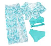 Maeau Maillot de Bain Enfant Fille 4 Pièces Bikini Maillots de Bain Manche Courte avec Jupe Longue 9 10 Ans Costume de Bain Imprimé Couvert Ensemble de Natation Tenue de Plage Piscine Tankini Vert