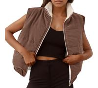 Maeau - Manteau Sans Manches en Laine d'Agneau Femme Hiver Réversible Gilet Polaire Zippé Col à Revers Teddy Veste Courte Sans Manches Chaud - Marron - XXL