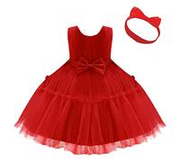Maeau Robe Princesse Bébé Fille de Baptême en Tulle - Anniversaire, Fête, Cérémonie, Mariage - Tutu Avec Bandeau Bowknot - Demoiselle d'Honneur - Rouge - 2 à 3 Ans