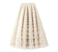 Maeau Skort Longue Fluide pour Fille 12 13 Ans Jupon Tulle Longues Robe en Dentelle Été Jupe Plissée Évasée Jupes Maxi Elegant Jupe Longueur A Line Jupes Midi Chic Beige
