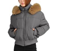 Maeau Veste d'hiver chaude et coupe-vent pour femme - Courte - Fermeture éclair - Veste tampon avec capuche amovible - M-XXL, gris, XL