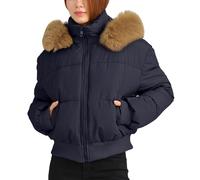 Maeau Veste d'hiver chaude et coupe-vent pour femme - Courte - Fermeture éclair - Veste tampon avec capuche amovible - M-XXL, bleu, XXL