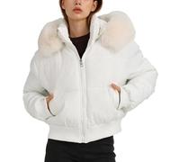 Maeau Veste d'hiver chaude et coupe-vent pour femme - Courte - Fermeture éclair - Veste tampon avec capuche amovible - M-XXL, Blanc., XXL