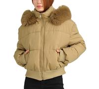Maeau Veste d'hiver chaude et coupe-vent pour femme - Courte - Fermeture éclair - Veste tampon avec capuche amovible - M-XXL, kaki, M