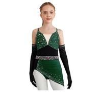 Mädchen Robe Danse Strass Justaucorps Robe Asymétrique avec Gants Costume Danse Latine Salsa Moderne Jazz Tenue Patinage Artistique Vert foncé Noir 7-8 Ans