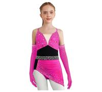 Mädchen Robe Danse Strass Justaucorps Robe Asymétrique avec Gants Costume Danse Latine Salsa Moderne Jazz Tenue Patinage Artistique Rose Vif 11-12 Ans