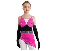 Mädchen Robe Danse Strass Justaucorps Robe Asymétrique avec Gants Costume Danse Latine Salsa Moderne Jazz Tenue Patinage Artistique Rose Vif Noir 13-14 Ans