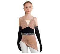 Mädchen Robe Danse Strass Justaucorps Robe Asymétrique avec Gants Costume Danse Latine Salsa Moderne Jazz Tenue Patinage Artistique Rose poudré Noir 15-16 Ans