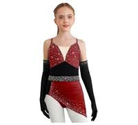 Mädchen Robe Danse Strass Justaucorps Robe Asymétrique avec Gants Costume Danse Latine Salsa Moderne Jazz Tenue Patinage Artistique Bordeaux Noir 5-6 Ans
