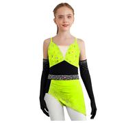 Mädchen Robe Danse Strass Justaucorps Robe Asymétrique avec Gants Costume Danse Latine Salsa Moderne Jazz Tenue Patinage Artistique Jaune Fluorescent Noir 13-14 Ans