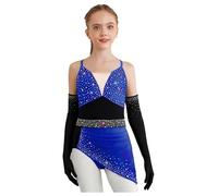 Mädchen Robe Danse Strass Justaucorps Robe Asymétrique avec Gants Costume Danse Latine Salsa Moderne Jazz Tenue Patinage Artistique Bleu Royal Noir 15-16 Ans
