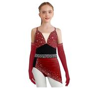 Mädchen Robe Danse Strass Justaucorps Robe Asymétrique avec Gants Costume Danse Latine Salsa Moderne Jazz Tenue Patinage Artistique Bourgogne 5-6 Ans
