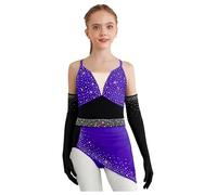 Mädchen Robe Danse Strass Justaucorps Robe Asymétrique avec Gants Costume Danse Latine Salsa Moderne Jazz Tenue Patinage Artistique Violet Noir 11-12 Ans