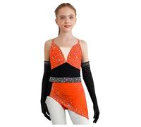 Mädchen Robe Danse Strass Justaucorps Robe Asymétrique avec Gants Costume Danse Latine Salsa Moderne Jazz Tenue Patinage Artistique Orange Fluorescent Noir 13-14 Ans