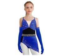 Mädchen Robe Danse Strass Justaucorps Robe Asymétrique avec Gants Costume Danse Latine Salsa Moderne Jazz Tenue Patinage Artistique Bleu Royal 13-14 Ans