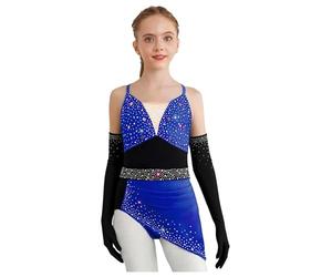 Mädchen Robe Danse Strass Justaucorps Robe Asymétrique avec Gants Costume Danse Latine Salsa Moderne Jazz Tenue Patinage Artistique Bleu Royal Noir 5-6 Ans