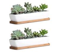Maerskye Lot de 2 Pots de Fleurs rectangulaires en céramique Blanche de 27,7 cm de Long avec soucoupes en Bambou pour intérieur ou extérieur, Maison, Jardin, Cuisine, Plante Non Incluse.