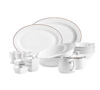 MÄSER 931735 Série Professional Dining Lot de 24 bols à céréales, coquetiers, bols, sucrier, pots à lait, bols à sauce et plateaux de service en porcelaine Blanc avec bord doré