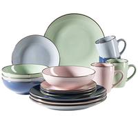 MÄSER 931870 Metallic Rim Service de table moderne pour 4 personnes avec bord couleur laiton, 16 pièces avec formes coupées sans bordure, multicolore, grès, bleu pastel