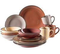 MÄSER 931871 Metallic Rim Service de table moderne pour 4 personnes avec bord couleur laiton, 16 pièces avec formes coupées sans bordure, multicolore, grès, naturel