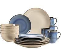 MÄSER 931872 Série Ossia Service de table pour 4 personnes, style méditerranéen vintage, 16 pièces, bleu et gris sable, céramique, gris sable/bleu clair