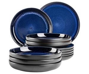 MÄSER 931972 Série Niara Service de table moderne pour 6 personnes au look vintage excitant - Service de table 12 pièces en céramique bleu et noir - Grès