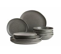 MÄSER 934008 Série Marlena Service de table moderne vintage pour 4 personnes 12 pièces avec vernis gris brillant et pois blancs Grès Gris