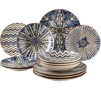 MÄSER 934017 Iberico Blue Service de table 12 pièces pour 4 personnes de style mauresque avec différents motifs vintage en grès blanc et bleu