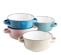MÄSER Maila Lot de tasses à soupe colorées pour 4 personnes en céramique aspect émail avec anse au design vintage, grès, pétrole/vieux rose/beige/bleu foncé