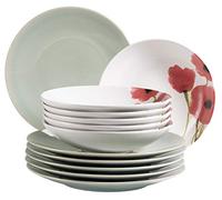 MÄSER Ossia Aguarela 931928 Lot d'assiettes pour 6 personnes au look vintage partiellement décoré, 12 pièces, 6 assiettes plates en turquoise clair et 6 assiettes creuses avec décor, coquelicot et